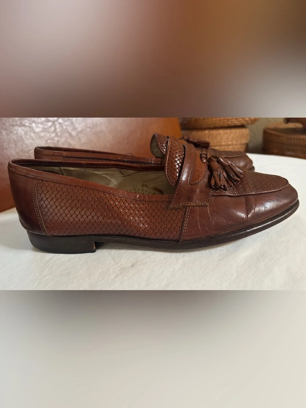 Vintage Florsheim Barletta Mens 9 3E Brown Leather Woven Tassel Loafers Italy